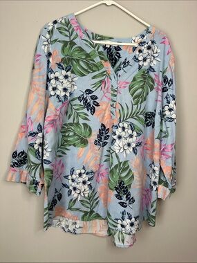 Emily Daniels Tropical Floral Button-Front Linen Blend Tunic Light Blue size 3X